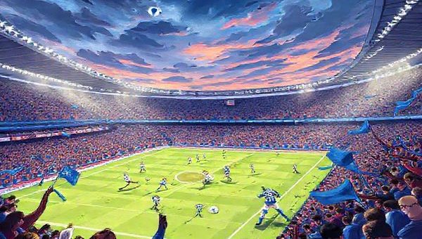 A high-definition illustration of a football match between Queens Park Rangers (QPR) and Birmingham City on a colorful December day in 2025. Capture the intense atmosphere in a stadium packed with passionate fans, waving QPR's blue and white hoops and Birmingham's blue banners. Highlight the contrasting styles of play: QPR's nimble, attacking forwards breaking through Birmingham's solid 4-4-2 defensive formation, with players exhibiting dynamic movements and expressions of determination. The backdrop should feature a dramatic sky, hinting at the tension of a tightly contested Championship match.