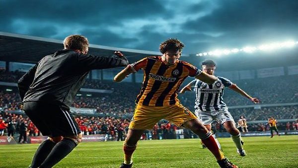 A high-definition image of a dramatic football match scene depicting Hacken and AEK Larnaca clashing on a bustling European pitch under a dusky December sky. The players are captured mid-action, showcasing Hacken's high-energy offensive style versus AEK Larnaca's disciplined defense. The crowd is alive with excitement, banners waving, while the coaches' strategic expressions reflect the tactical battle at play. The stadium lights cast a vibrant glow, highlighting the contrasting jerseys of both teams, filled with determination and ambition.