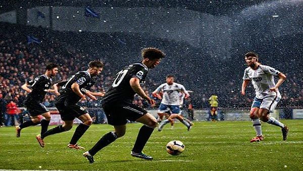 High definition image of a dramatic football match scene between Elgin City and Clyde in December 2025. Show intense players on the pitch, with Elgin’s gritty underdogs in their dark uniforms and Clyde’s methodical playmakers in their light kits. Capture the passion of the crowd in a chilly Scottish stadium, with flags waving, and the contrast of tactical play styles evident in the players' expressions. The atmosphere should be electric, embodying the spirit of rivalry and local pride, with snow lightly falling on the field.