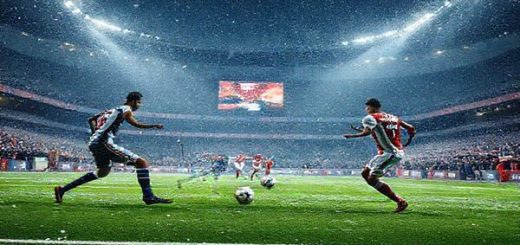 High-definition image of a dramatic football match scene set in a snowy Bruges stadium, with intense players from Club Brugge and Arsenal clashing on the pitch. Illuminate the scene with festive lights reflecting the excitement of December, capturing the tactical battle between the teams, with a focus on Club Brugge's determined underdog spirit and Arsenal's refined skill. Include passionate fans in the stands, showcasing the electric atmosphere of the Champions League match.