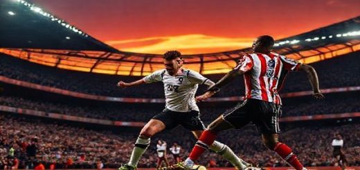 A high-definition image capturing the intense atmosphere of a Premier League match between Tottenham Hotspur and Brentford, set in December 2025. Showcase the vibrant stadium filled with passionate fans, with players in dynamic action on the pitch: Harry Kane orchestrating the play for Spurs, while Ivan Toney leads the charge for Brentford. Emphasize the contrast between Spurs' attacking flair and Brentford's disciplined defense, with a dramatic sunset illuminating the scene, hinting at the high stakes of the London derby.