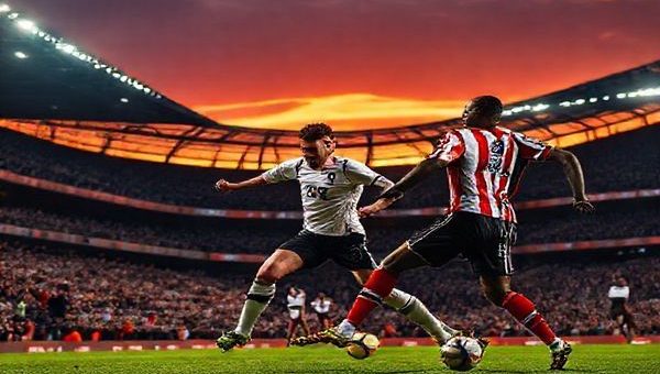 A high-definition image capturing the intense atmosphere of a Premier League match between Tottenham Hotspur and Brentford, set in December 2025. Showcase the vibrant stadium filled with passionate fans, with players in dynamic action on the pitch: Harry Kane orchestrating the play for Spurs, while Ivan Toney leads the charge for Brentford. Emphasize the contrast between Spurs' attacking flair and Brentford's disciplined defense, with a dramatic sunset illuminating the scene, hinting at the high stakes of the London derby.