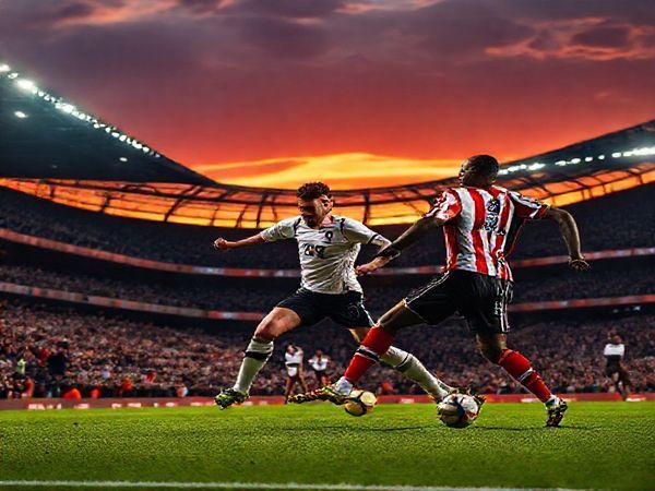 A high-definition image capturing the intense atmosphere of a Premier League match between Tottenham Hotspur and Brentford, set in December 2025. Showcase the vibrant stadium filled with passionate fans, with players in dynamic action on the pitch: Harry Kane orchestrating the play for Spurs, while Ivan Toney leads the charge for Brentford. Emphasize the contrast between Spurs' attacking flair and Brentford's disciplined defense, with a dramatic sunset illuminating the scene, hinting at the high stakes of the London derby.