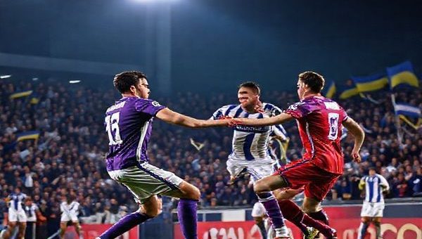 "High-definition image of a dramatic football match between Fiorentina and Dynamo Kyiv under the stadium lights in December 2025. Capture the tension and excitement of the players in action, showcasing Fiorentina's purple kit clashing with Dynamo Kyiv's blue and white kit. Include dynamic poses of key players like Nicolás González and Vladyslav Supriaha, with a crowd of passionate fans in the background, holding flags and banners, illuminating the atmosphere of this electrifying Europa Conference League clash."