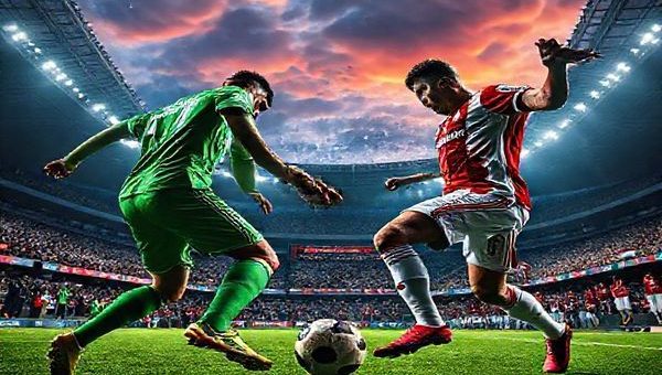 A dramatic football scene set in a vivid stadium under a crisp December sky, capturing the tension of a Europa League clash between Sturm Graz and Red Star Belgrade. The players showcase their contrasting styles: Sturm Graz in disciplined emerald green, embodying grit and resilience, while Red Star's flair shines in vibrant red and white, demonstrating fluid movement and intensity. The crowd is electrified, banners waving, and emotions running high, as the ball is poised for an epic duel at the center of the pitch. High definition.