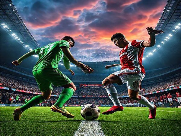 A dramatic football scene set in a vivid stadium under a crisp December sky, capturing the tension of a Europa League clash between Sturm Graz and Red Star Belgrade. The players showcase their contrasting styles: Sturm Graz in disciplined emerald green, embodying grit and resilience, while Red Star's flair shines in vibrant red and white, demonstrating fluid movement and intensity. The crowd is electrified, banners waving, and emotions running high, as the ball is poised for an epic duel at the center of the pitch. High definition.