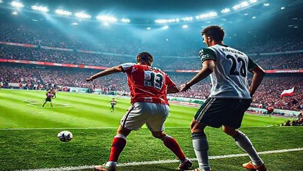 "Create a high definition image capturing a dramatic football match scene between FC Noah and Legia Warsaw, set in a stadium buzzing with excited fans. The scene should portray intense moments: FC Noah's forward Levon Babayan executing a swift counter-attack, while Legia Warsaw's captain Jakub Kowalski stands firm, organizing his defense. The atmosphere is electric, with vibrant team colors, flares, and banners, symbolizing the clash of underdog spirit versus seasoned tradition in the Europa Conference League."