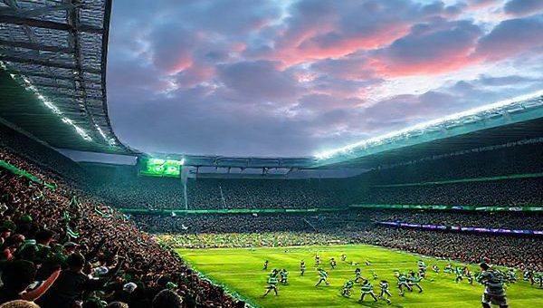 A high-definition image capturing the electric atmosphere of a Scottish Premiership match at Celtic Park, featuring a vibrant crowd of passionate fans in Celtic green and white, with the legendary Celtic players showcasing their attacking flair on the pitch against a resolute Dundee team. The scene should emphasize contrasting football styles, with players in dynamic action, a dramatic sky above, and the iconic stadium illuminated, reflecting the significance of this clash in December 2025.