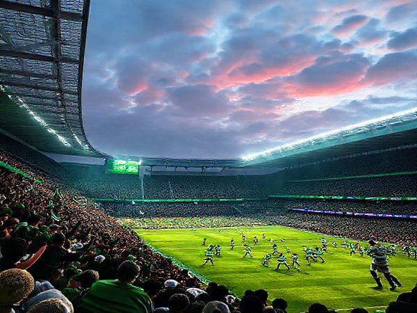 A high-definition image capturing the electric atmosphere of a Scottish Premiership match at Celtic Park, featuring a vibrant crowd of passionate fans in Celtic green and white, with the legendary Celtic players showcasing their attacking flair on the pitch against a resolute Dundee team. The scene should emphasize contrasting football styles, with players in dynamic action, a dramatic sky above, and the iconic stadium illuminated, reflecting the significance of this clash in December 2025.