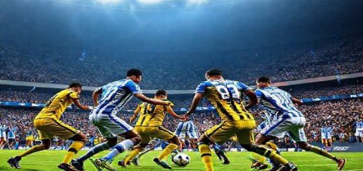 A high-definition image depicting an intense football match under the bright lights of a packed stadium, showcasing Rijeka in their striking blue and white uniforms, fiercely defending against CM Celje, adorned in their vibrant yellow and black kits. The players display a dynamic clash of styles: Rijeka's disciplined, resolute formation faces off against Celje's fluid, artistic movement as they battle for possession. The crowd is electric, holding their breath, with flags waving and emotions running high, all set against a backdrop of an imposing stadium brimming with anticipation.