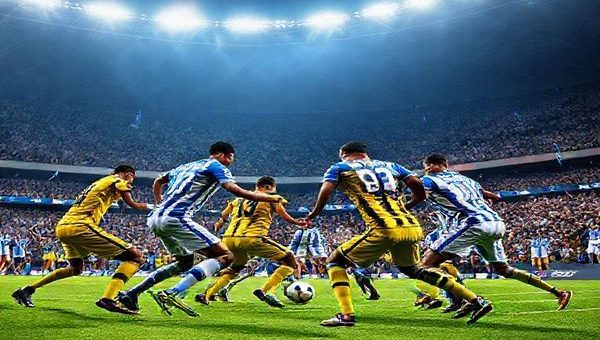 A high-definition image depicting an intense football match under the bright lights of a packed stadium, showcasing Rijeka in their striking blue and white uniforms, fiercely defending against CM Celje, adorned in their vibrant yellow and black kits. The players display a dynamic clash of styles: Rijeka's disciplined, resolute formation faces off against Celje's fluid, artistic movement as they battle for possession. The crowd is electric, holding their breath, with flags waving and emotions running high, all set against a backdrop of an imposing stadium brimming with anticipation.