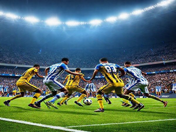 A high-definition image depicting an intense football match under the bright lights of a packed stadium, showcasing Rijeka in their striking blue and white uniforms, fiercely defending against CM Celje, adorned in their vibrant yellow and black kits. The players display a dynamic clash of styles: Rijeka's disciplined, resolute formation faces off against Celje's fluid, artistic movement as they battle for possession. The crowd is electric, holding their breath, with flags waving and emotions running high, all set against a backdrop of an imposing stadium brimming with anticipation.
