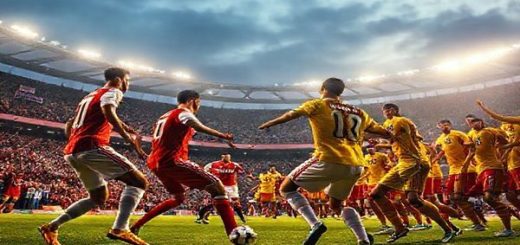 A dramatic football scene depicting the clash between AS Monaco and Galatasaray in the Champions League, set in a vibrant, packed stadium under a winter evening sky. Monaco players in elegant red and white kits, showcasing their poised, strategic play, face off against the fiery, passionate Galatasaray team in bright yellow and red jerseys. The atmosphere is electric, with fans clad in team colors, waving flags, and banners high, while a brilliant spotlight illuminates the players in action. Capture the essence of rivalry, strategy, and tension in high definition.