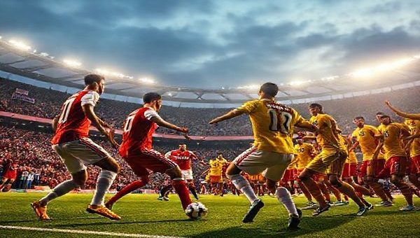 A dramatic football scene depicting the clash between AS Monaco and Galatasaray in the Champions League, set in a vibrant, packed stadium under a winter evening sky. Monaco players in elegant red and white kits, showcasing their poised, strategic play, face off against the fiery, passionate Galatasaray team in bright yellow and red jerseys. The atmosphere is electric, with fans clad in team colors, waving flags, and banners high, while a brilliant spotlight illuminates the players in action. Capture the essence of rivalry, strategy, and tension in high definition.