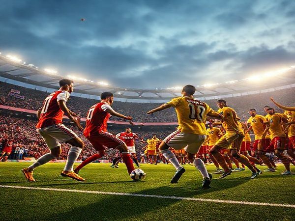 A dramatic football scene depicting the clash between AS Monaco and Galatasaray in the Champions League, set in a vibrant, packed stadium under a winter evening sky. Monaco players in elegant red and white kits, showcasing their poised, strategic play, face off against the fiery, passionate Galatasaray team in bright yellow and red jerseys. The atmosphere is electric, with fans clad in team colors, waving flags, and banners high, while a brilliant spotlight illuminates the players in action. Capture the essence of rivalry, strategy, and tension in high definition.