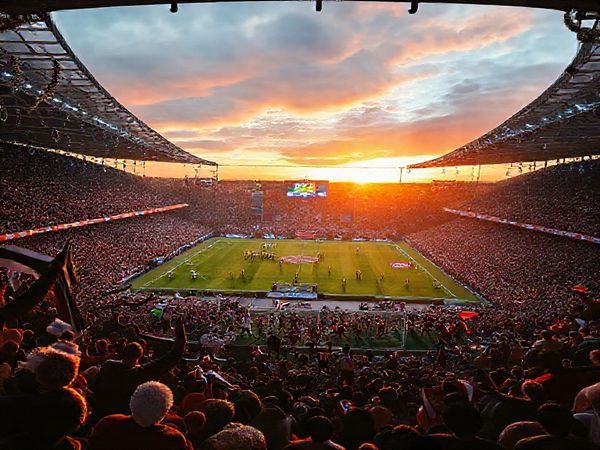 A high-definition image capturing the intense atmosphere of a Championship football match between Swansea City and Portsmouth in December 2025. The scene features a vibrant stadium filled with passionate fans waving colors of their teams, with Swansea's players showcasing their fluid attacking style and Portsmouth's players demonstrating robust defensive formations. The backdrop includes festive winter decorations, a dramatic sunset illuminating the pitch, and the scoreboard displaying the match score as tension builds for this crucial encounter.