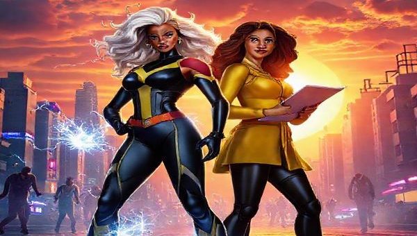 Create a high definition image showcasing a scene from "The Fantastic Four: First Steps (2025)" where the empowered heroines, Susan Storm and Alicia Masters, stand confidently at the forefront of a vibrant, CGI-enhanced cityscape. Susan, radiating intelligence and strength, is in a dynamic pose, her powers electrifying the air around her, while Alicia, a creative artist, holds a sketchpad, symbolizing her unique perspective. The background features thrilling action sequences with traditional heroes and villain dynamics, but the focus is firmly on the two women, illuminated by a glowing sunset that emphasizes their resilience and agency. The image should capture the essence of empowerment, vibrant colors, and intricate details that draw viewers into this redefined superhero narrative.