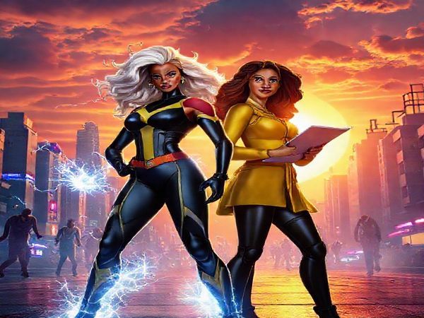 Create a high definition image showcasing a scene from "The Fantastic Four: First Steps (2025)" where the empowered heroines, Susan Storm and Alicia Masters, stand confidently at the forefront of a vibrant, CGI-enhanced cityscape. Susan, radiating intelligence and strength, is in a dynamic pose, her powers electrifying the air around her, while Alicia, a creative artist, holds a sketchpad, symbolizing her unique perspective. The background features thrilling action sequences with traditional heroes and villain dynamics, but the focus is firmly on the two women, illuminated by a glowing sunset that emphasizes their resilience and agency. The image should capture the essence of empowerment, vibrant colors, and intricate details that draw viewers into this redefined superhero narrative.