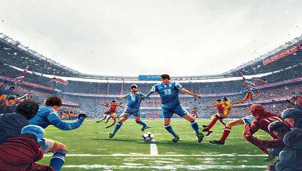 Create a high definition illustration capturing a dramatic football match between Stranraer and Stirling Albion on a wintry December day in 2025. Show Stranraer’s steadfast defenders, focused and organized, in crisp blue jerseys, against the vibrant, dynamic attackers of Stirling Albion, clad in bold red and yellow, bursting forward with energy. The stadium is filled with passionate fans, banners waving, under a gray, overcast sky, while the players clash near the center of the pitch, illustrating the contrasting styles of defensive resilience and attacking flair.