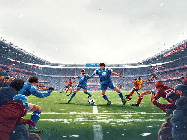 Create a high definition illustration capturing a dramatic football match between Stranraer and Stirling Albion on a wintry December day in 2025. Show Stranraer’s steadfast defenders, focused and organized, in crisp blue jerseys, against the vibrant, dynamic attackers of Stirling Albion, clad in bold red and yellow, bursting forward with energy. The stadium is filled with passionate fans, banners waving, under a gray, overcast sky, while the players clash near the center of the pitch, illustrating the contrasting styles of defensive resilience and attacking flair.