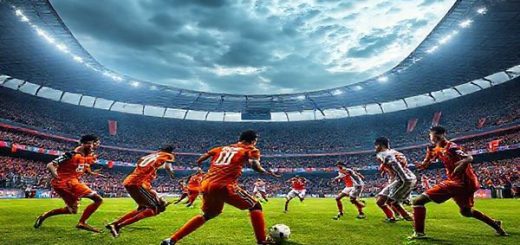 "Create a high-definition image capturing the electric atmosphere of a Ligue 1 football match between Lorient and Lyon. Show the dynamic contrast between Lorient's youthful, energetic team in vibrant kits charging forward in a fluid attack, while Lyon's experienced players, strategically organized in traditional colors, prepare to defend with precision. The stadium is packed with passionate fans, banners waving, and a dramatic sky overhead, setting the scene for this epic clash of ambitions."