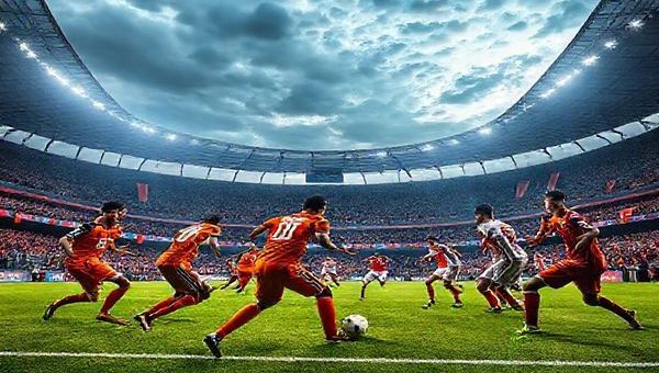 "Create a high-definition image capturing the electric atmosphere of a Ligue 1 football match between Lorient and Lyon. Show the dynamic contrast between Lorient's youthful, energetic team in vibrant kits charging forward in a fluid attack, while Lyon's experienced players, strategically organized in traditional colors, prepare to defend with precision. The stadium is packed with passionate fans, banners waving, and a dramatic sky overhead, setting the scene for this epic clash of ambitions."