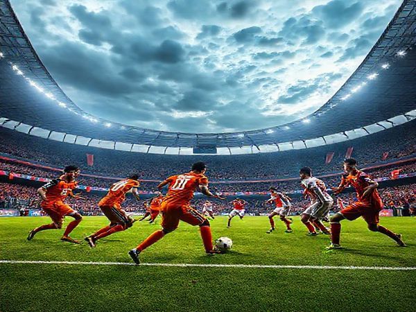 "Create a high-definition image capturing the electric atmosphere of a Ligue 1 football match between Lorient and Lyon. Show the dynamic contrast between Lorient's youthful, energetic team in vibrant kits charging forward in a fluid attack, while Lyon's experienced players, strategically organized in traditional colors, prepare to defend with precision. The stadium is packed with passionate fans, banners waving, and a dramatic sky overhead, setting the scene for this epic clash of ambitions."