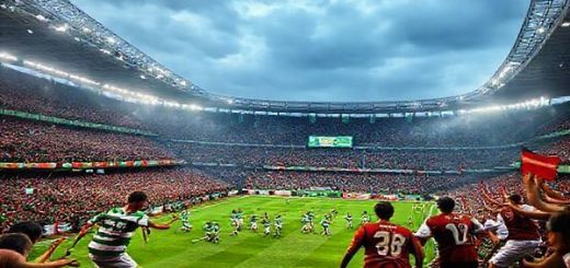 A high-definition image capturing the intense atmosphere of a UEFA Europa League match between Celtic and Roma in December 2025. The scene depicts a vibrant Celtic Park filled with passionate fans, clad in green and white, creating a sea of color. In the foreground, Celtic players, embodying warrior spirit, charge forward with determination, while Roma players showcase their tactical sophistication, poised to execute precise moves. The sky is dramatic, hinting at the high stakes of the match, with banners waving and the energy palpable, reflecting the clash of two storied football cultures.