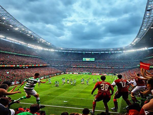 A high-definition image capturing the intense atmosphere of a UEFA Europa League match between Celtic and Roma in December 2025. The scene depicts a vibrant Celtic Park filled with passionate fans, clad in green and white, creating a sea of color. In the foreground, Celtic players, embodying warrior spirit, charge forward with determination, while Roma players showcase their tactical sophistication, poised to execute precise moves. The sky is dramatic, hinting at the high stakes of the match, with banners waving and the energy palpable, reflecting the clash of two storied football cultures.