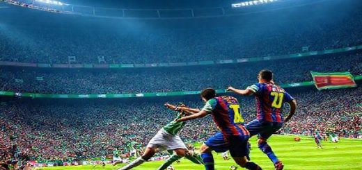 A vibrant depiction of a high-stakes football match at Estadio Benito Villamarín, featuring Real Betis and Barcelona players clashing amidst a sea of green and blue. Capture the intense emotions of the crowd, with banners waving and fans cheering passionately. Highlight the contrasting styles: the dynamic, counter-attacking approach of Betis against the fluid, possession-oriented tactics of Barcelona. Include key players like Nabil Fekir and Pedri in action, with dramatic lighting to enhance the atmosphere. Make the image in high definition.