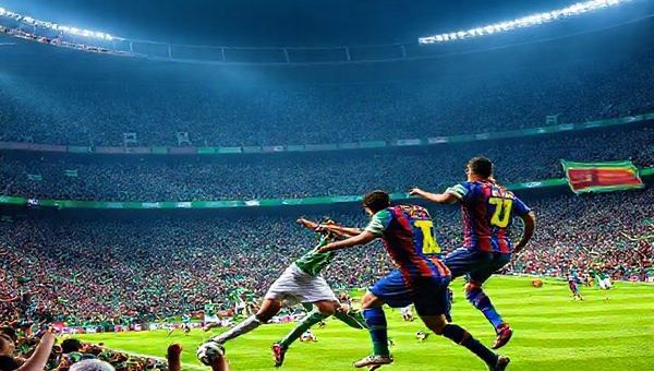 A vibrant depiction of a high-stakes football match at Estadio Benito Villamarín, featuring Real Betis and Barcelona players clashing amidst a sea of green and blue. Capture the intense emotions of the crowd, with banners waving and fans cheering passionately. Highlight the contrasting styles: the dynamic, counter-attacking approach of Betis against the fluid, possession-oriented tactics of Barcelona. Include key players like Nabil Fekir and Pedri in action, with dramatic lighting to enhance the atmosphere. Make the image in high definition.