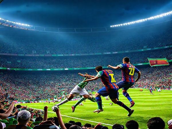 A vibrant depiction of a high-stakes football match at Estadio Benito Villamarín, featuring Real Betis and Barcelona players clashing amidst a sea of green and blue. Capture the intense emotions of the crowd, with banners waving and fans cheering passionately. Highlight the contrasting styles: the dynamic, counter-attacking approach of Betis against the fluid, possession-oriented tactics of Barcelona. Include key players like Nabil Fekir and Pedri in action, with dramatic lighting to enhance the atmosphere. Make the image in high definition.