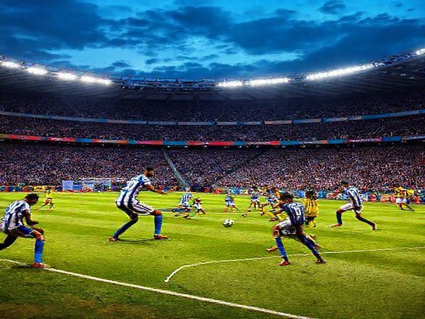 A high-definition image depicting a dramatic football match between Pisa and Parma, set against a vibrant Italian stadium at dusk, with a packed crowd and colorful banners. Show Pisa's players in their traditional blue and white stripes, demonstrating disciplined defensive formations, while Parma's athletes in their bold yellow and blue kits exhibit dynamic, attacking styles. Capture the tension of the moment as the teams execute their contrasting strategies—Pisa poised for a counter-attack and Parma aggressively pressing forward, with the stadium lights illuminating the action and creating an electric atmosphere.