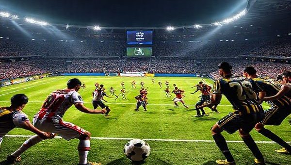 A high-definition scene depicting an intense football match between Hamrun Spartans and Shakhtar Donetsk under a dramatic stadium floodlight. Visualize the contrasting styles: Hamrun's determined players executing a rigid defensive posture, ready to launch a swift counterattack, while Shakhtar's elegant team displays fluid passing and pressing tactics. Capture the electric atmosphere, with fans cheering passionately in the stands, the scoreboard highlighting the Europa Conference League logo, and the tension evident on the players’ faces.