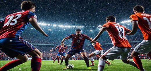 A high-definition image depicting a dramatic football match under the night sky of Bucharest, showcasing Steaua Bucharest in their red and blue kits, fiercely defending against the vibrant orange and white-jerseyed players of Feyenoord. Capture the intense expressions of players, a packed stadium filled with cheering fans, and a swirling snowflake-filled winter atmosphere that envelops the scene, emphasizing the electrifying atmosphere of this Europa League clash.