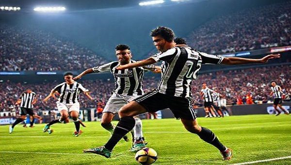 High definition image of a dramatic football match scene at Allianz Stadium in Turin, Italy, featuring Juventus in their iconic black-and-white striped jerseys clashing with AE Pafos in vibrant colors. Capture the intensity of the game with Federico Chiesa darting past defenders and the energetic forward from AE Pafos making a swift counter-attack, all under stadium lights with excited fans in the background. Emphasize the contrasting styles and cultures of both teams in vibrant detail.
