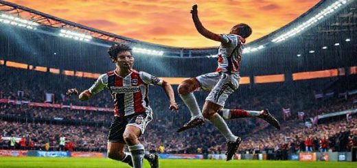 A high-definition image capturing the intense atmosphere of an FA Cup match between MK Dons and Oldham in December 2025. The scene features a packed stadium under vibrant floodlights, with passionate fans holding banners and flags. In the foreground, two players clash: an MK Dons midfielder with a determined expression, and an Oldham striker leaping to intercept the ball. The grass is glistening from rain as a dramatic sunset paints the sky in shades of orange and purple, embodying the thrill and unpredictability of cup competitions.