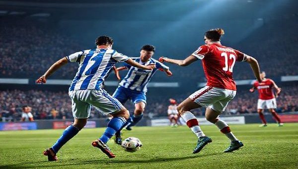 Create a high-definition image depicting an intense football match between Universitatea Craiova and Sparta Prague. Capture the vibrant energy of the stadium filled with enthusiastic fans, showcasing the two teams in their dynamic formations: Craiova in their blue and white stripes executing a sharp counter-attack, while Sparta Prague in their red and white kits presses high with determination. Add dramatic lighting to emphasize the tension and excitement of this Europa Conference League clash on December 11, 2025.