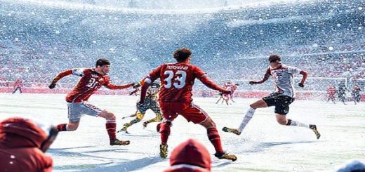 A dynamic scene depicting the high-stakes December 2025 Bundesliga match between Mainz 05 and Borussia Mönchengladbach, capturing the intensity of players in action on a snowy pitch. Show Mainz's gritty defense clashing against M'gladbach's fluid attackers, with vibrant team colors contrasting against the winter backdrop. Emphasize the strategic tension between the two teams, with onlookers in animated anticipation. Create the image in high definition.