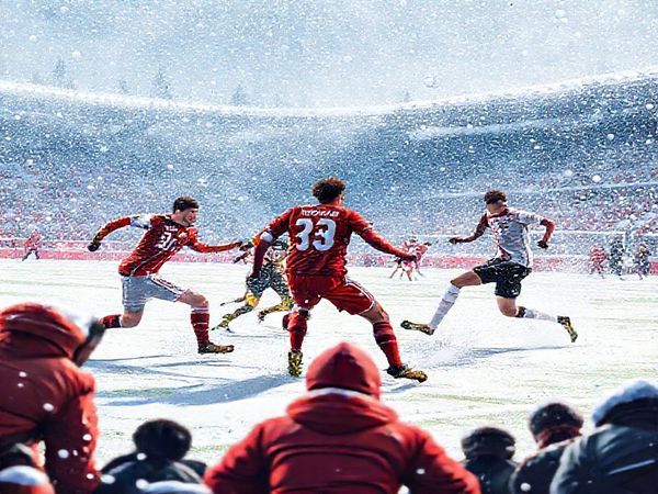 A dynamic scene depicting the high-stakes December 2025 Bundesliga match between Mainz 05 and Borussia Mönchengladbach, capturing the intensity of players in action on a snowy pitch. Show Mainz's gritty defense clashing against M'gladbach's fluid attackers, with vibrant team colors contrasting against the winter backdrop. Emphasize the strategic tension between the two teams, with onlookers in animated anticipation. Create the image in high definition.