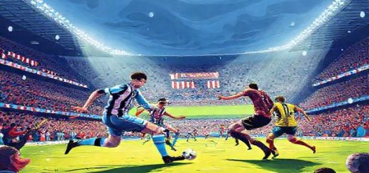"Illustrate a dramatic football scene capturing the intense clash between Exeter City and Wycombe Wanderers in the FA Cup on a chilly December evening in 2025. The stadium is packed with passionate fans, colorful banners waving, and bright floodlights illuminating the pitch. Feature dynamic players in their team colors, mid-action, showcasing both aggressive defense and swift counter-attacks. Convey the tension and excitement of this crucial match, highlighting the contrasting styles of both teams. Create this image in high definition."