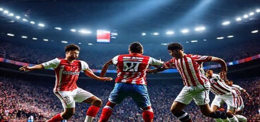 "Create an image showcasing an intense football match between PSV Eindhoven and Atlético Madrid in a packed Philips Stadion under floodlights. Capture the dynamic clash of styles: PSV’s fast-paced, attacking flair represented by players in vibrant, energy-filled poses, contrasting with Atlético Madrid’s disciplined, defensive formation, showcasing their tactical organization. The atmosphere should be electric, with fans cheering passionately, while a scoreboard in the background counts down to the match. Make the image in high definition."
