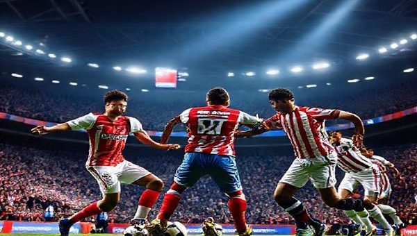 "Create an image showcasing an intense football match between PSV Eindhoven and Atlético Madrid in a packed Philips Stadion under floodlights. Capture the dynamic clash of styles: PSV’s fast-paced, attacking flair represented by players in vibrant, energy-filled poses, contrasting with Atlético Madrid’s disciplined, defensive formation, showcasing their tactical organization. The atmosphere should be electric, with fans cheering passionately, while a scoreboard in the background counts down to the match. Make the image in high definition."