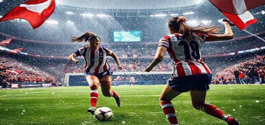 A high-definition image of a vibrant football stadium under winter lights, showcasing a thrilling match between Atletico Madrid Women and Bayern Munich Women. Capture the dynamic moment of Atletico’s striker Valeria López making a powerful run, while Bayern’s defender Miriam Weber prepares to intercept. Snow gently falls around the pitch, with excited fans waving flags in red and white for Atletico and red and white for Bayern. The atmosphere is electric, brimming with anticipation and the spirit of competition.