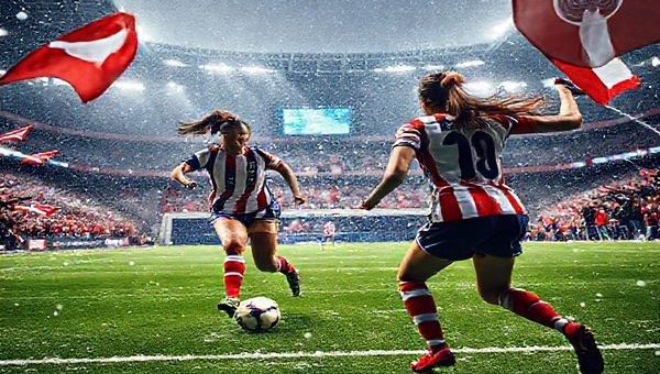 A high-definition image of a vibrant football stadium under winter lights, showcasing a thrilling match between Atletico Madrid Women and Bayern Munich Women. Capture the dynamic moment of Atletico’s striker Valeria López making a powerful run, while Bayern’s defender Miriam Weber prepares to intercept. Snow gently falls around the pitch, with excited fans waving flags in red and white for Atletico and red and white for Bayern. The atmosphere is electric, brimming with anticipation and the spirit of competition.