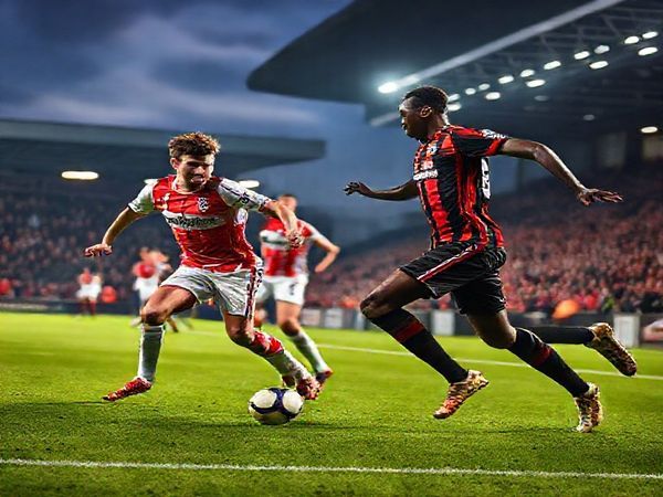 High definition image of a tense League Two football match between Crewe Alexandra and Newport County at Alexandra Stadium, December 2025. Capture the contrasting styles: Crewe in their sleek, rhythmic passing, led by midfielder Tommy Jenkins, versus Newport's gritty, defensive setup, highlighted by rapid winger Jamal Ford-Bennett making a counter-attack. Include a vibrant crowd in the background, with dramatic sky lighting to enhance the atmosphere of excitement and anticipation.
