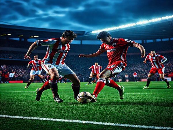 A dramatic football match scene set on a crisp December evening, capturing the intensity of the Championship clash between Charlton Athletic and Middlesbrough. Show two teams in vibrant team colors, engaged in a fierce battle on the pitch: Charlton players demonstrating technical finesse and elegant ball control, while Middlesbrough players showcase strength and strategic counter-attacks. The background features a lively crowd under a moody sky, with the stadium lights illuminating the action. Emphasize the tactical showdown, filled with dynamic movement and emotion. Render the image in high definition.