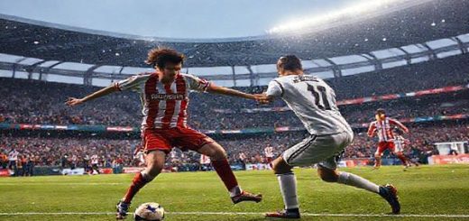 Create a high definition image depicting a thrilling football match between Rakow Czestochowa and Zrinjski Mostar, set in a vibrant stadium filled with passionate fans. The scene should capture intense moments of tactical warfare on the field, featuring Rakow's fleet-footed winger, Dominik Wydra, executing a rapid counterattack, while Zrinjski's tenacious captain, Luka Ivanić, leads his team in a defensive stance. Highlight the contrasting styles of play: Rakow's disciplined structure versus Zrinjski's aggressive approach, all under the dramatic lighting of a December evening.