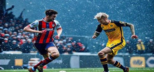 A high-definition scene of a Scottish football match between East Fife and Inverness in December 2025, set against a dramatic winter backdrop. Capture the intensity on the players' faces as East Fife employs a high-pressing tactic, while Inverness showcases their patient, possession-based style. Include passionate fans in the stands waving flags and scarves, the atmosphere electric, with snow gently falling around the stadium. Emphasize contrasting team colors and dynamic movements on the pitch, uniting the essence of fierce competition and vibrant Scottish football culture.