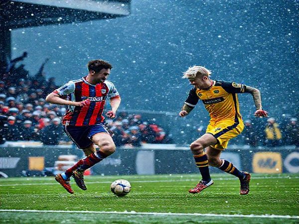 A high-definition scene of a Scottish football match between East Fife and Inverness in December 2025, set against a dramatic winter backdrop. Capture the intensity on the players' faces as East Fife employs a high-pressing tactic, while Inverness showcases their patient, possession-based style. Include passionate fans in the stands waving flags and scarves, the atmosphere electric, with snow gently falling around the stadium. Emphasize contrasting team colors and dynamic movements on the pitch, uniting the essence of fierce competition and vibrant Scottish football culture.